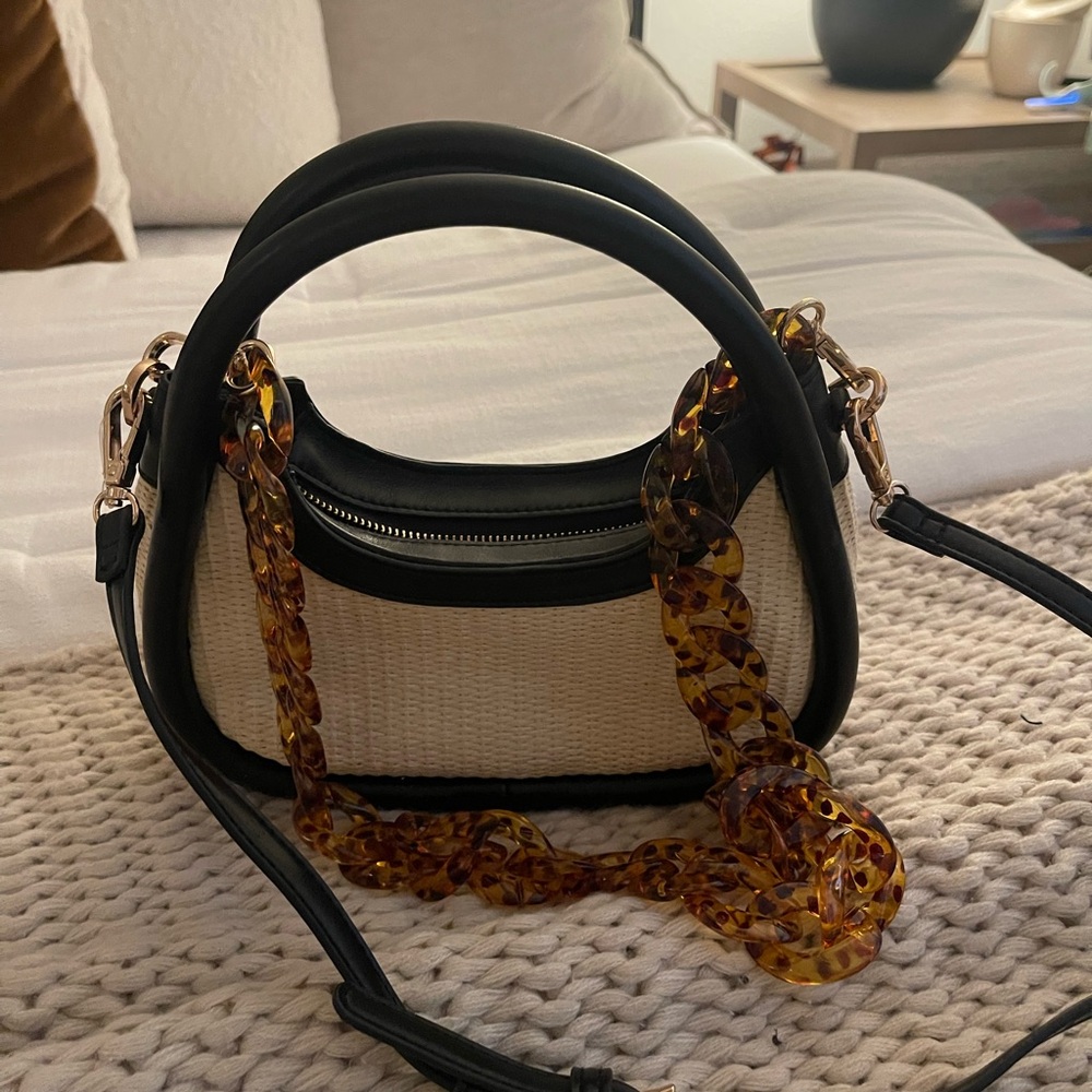 A New Day Black and Tan Straw Handbag with Tortoiseshell Chain